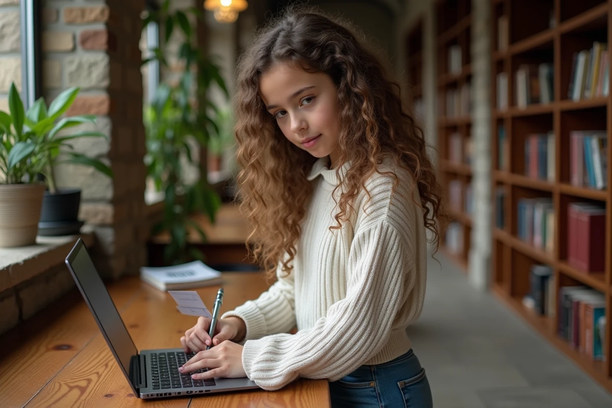 Fille au lycée consulte un tableau de conjugaison espagnole