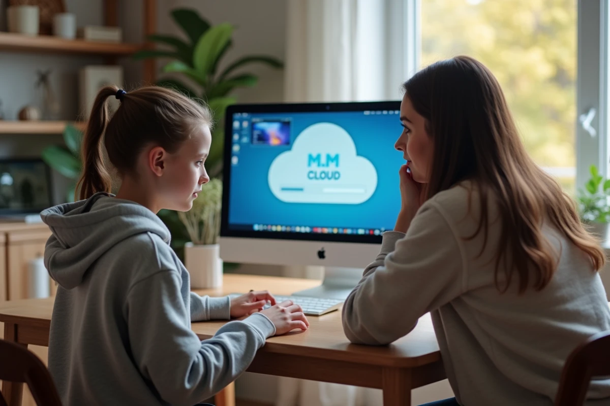Fille et mère découvrant ensemble l interface MJM CLOUD sur un ordinateur