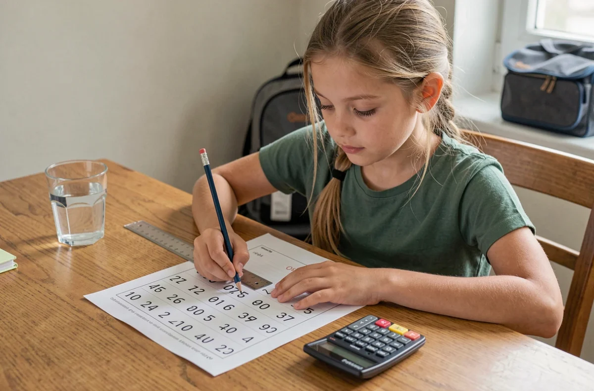 Jeune fille révisant les nombres décimaux sur une feuille d'exercices à la maison