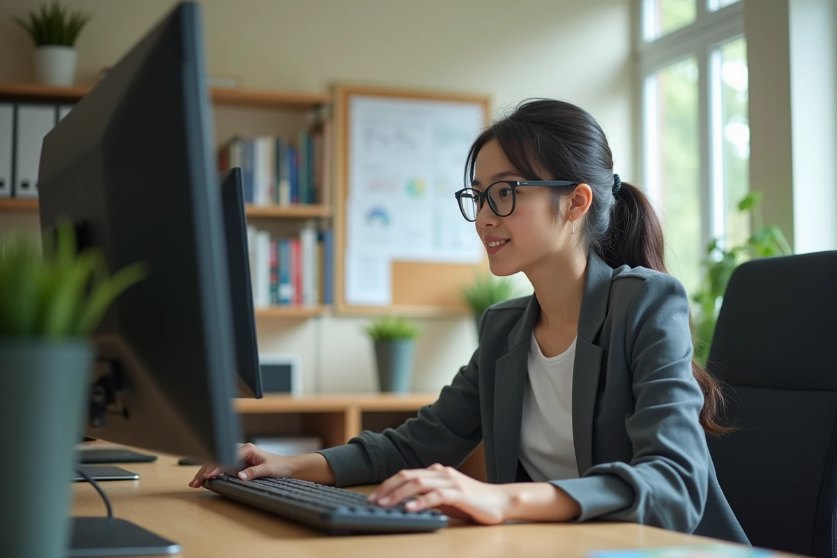 Jeune femme concentrée sur son tableau de bord digital