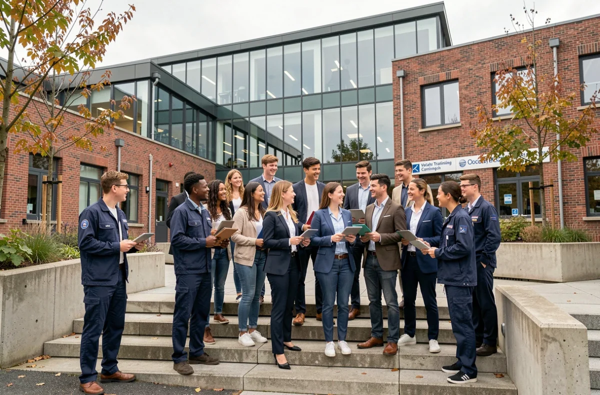 Groupe de jeunes alternants devant un centre de formation en alternance dans le Pas-de-Calais