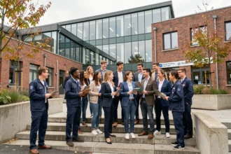 Groupe de jeunes alternants devant un centre de formation en alternance dans le Pas-de-Calais