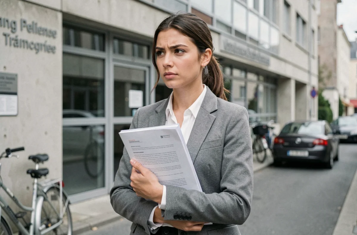 Jeune femme sans papiers devant un centre de formation professionnelle en France tenant un dossier administratif pour une alternance