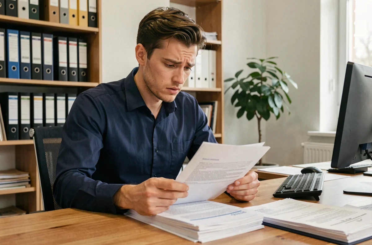 Jeune adulte sans papiers examinant des documents administratifs dans un bureau officiel en France pour une demande de formation en alternance