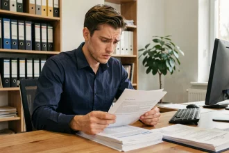 Jeune adulte sans papiers examinant des documents administratifs dans un bureau officiel en France pour une demande de formation en alternance