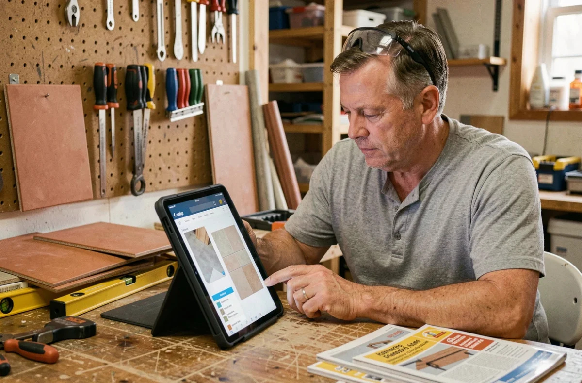 Un homme adulte consulte une formation en ligne sur tablette dans son atelier de bricolage à domicile