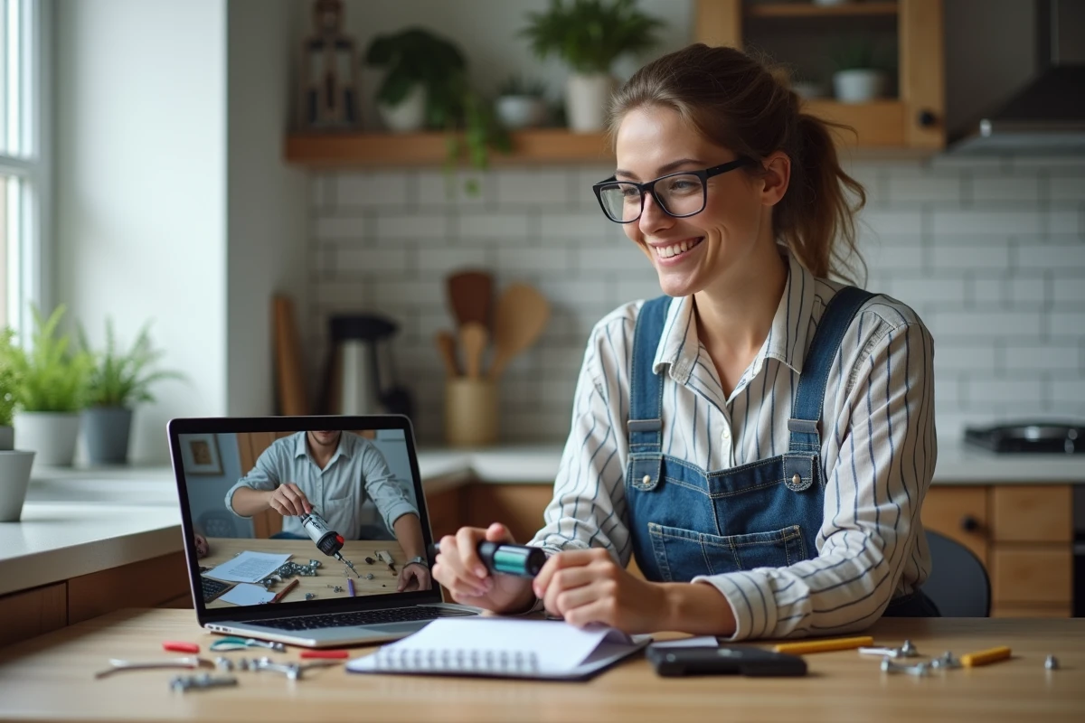 Femme suivant une formation bricolage en ligne sur ordinateur portable avec outils posés sur une table de cuisine