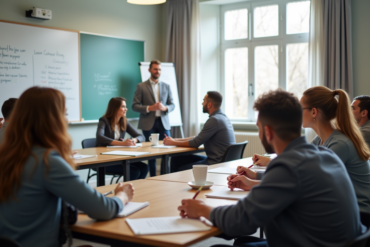 Groupe d adultes en formation dans une salle lumineuse et conviviale