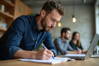 Homme concentré prenant des notes lors d'une formation professionnelle dans un espace de coworking moderne