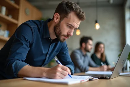 Homme concentré prenant des notes lors d'une formation professionnelle dans un espace de coworking moderne