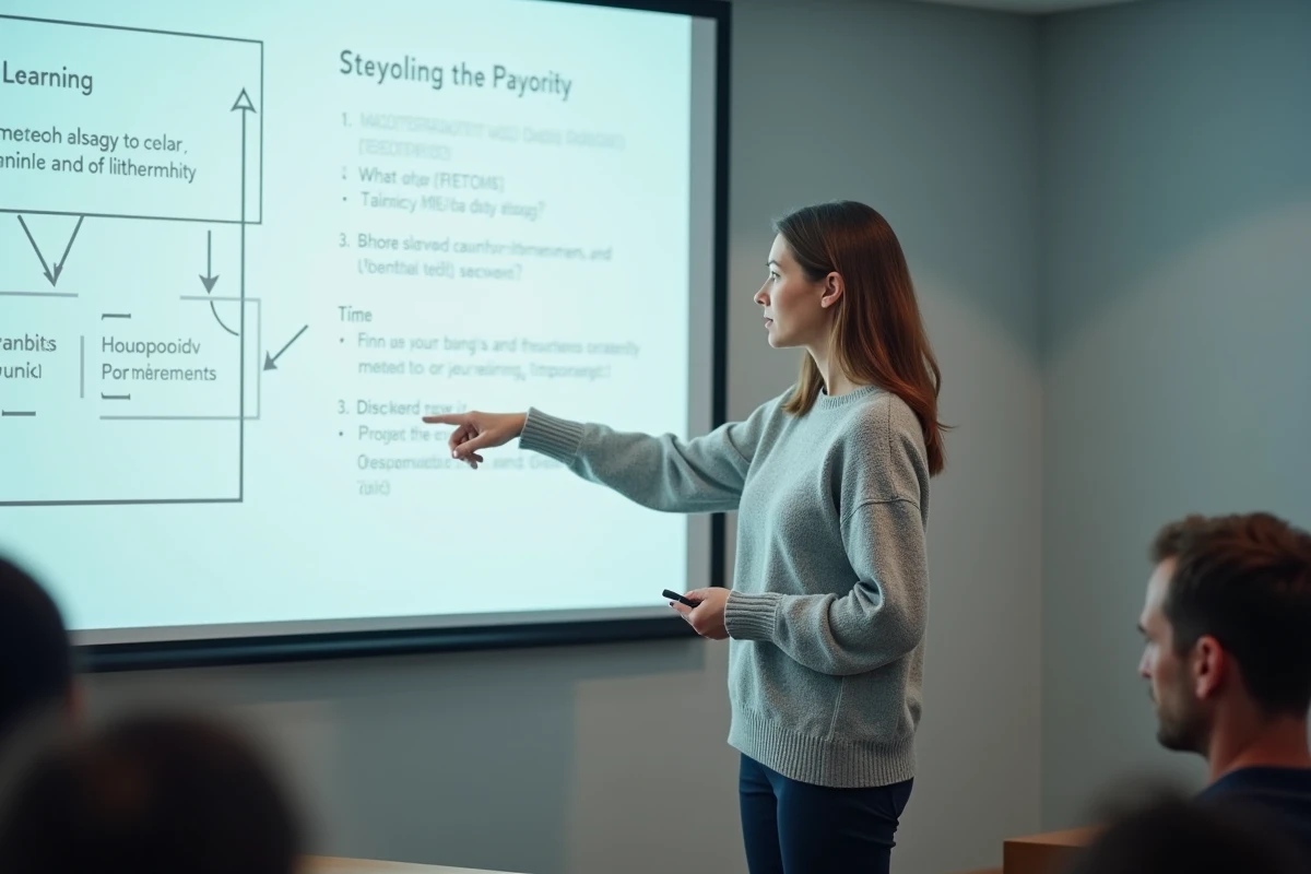 Formatrice professionnelle présentant les apprentissages clés d'une formation devant un écran de projection dans une salle moderne