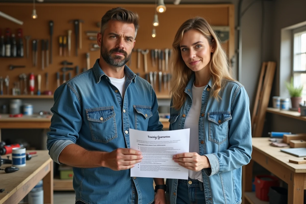 Deux personnes examinant les garanties d'une formation bricolage dans un atelier professionnel
