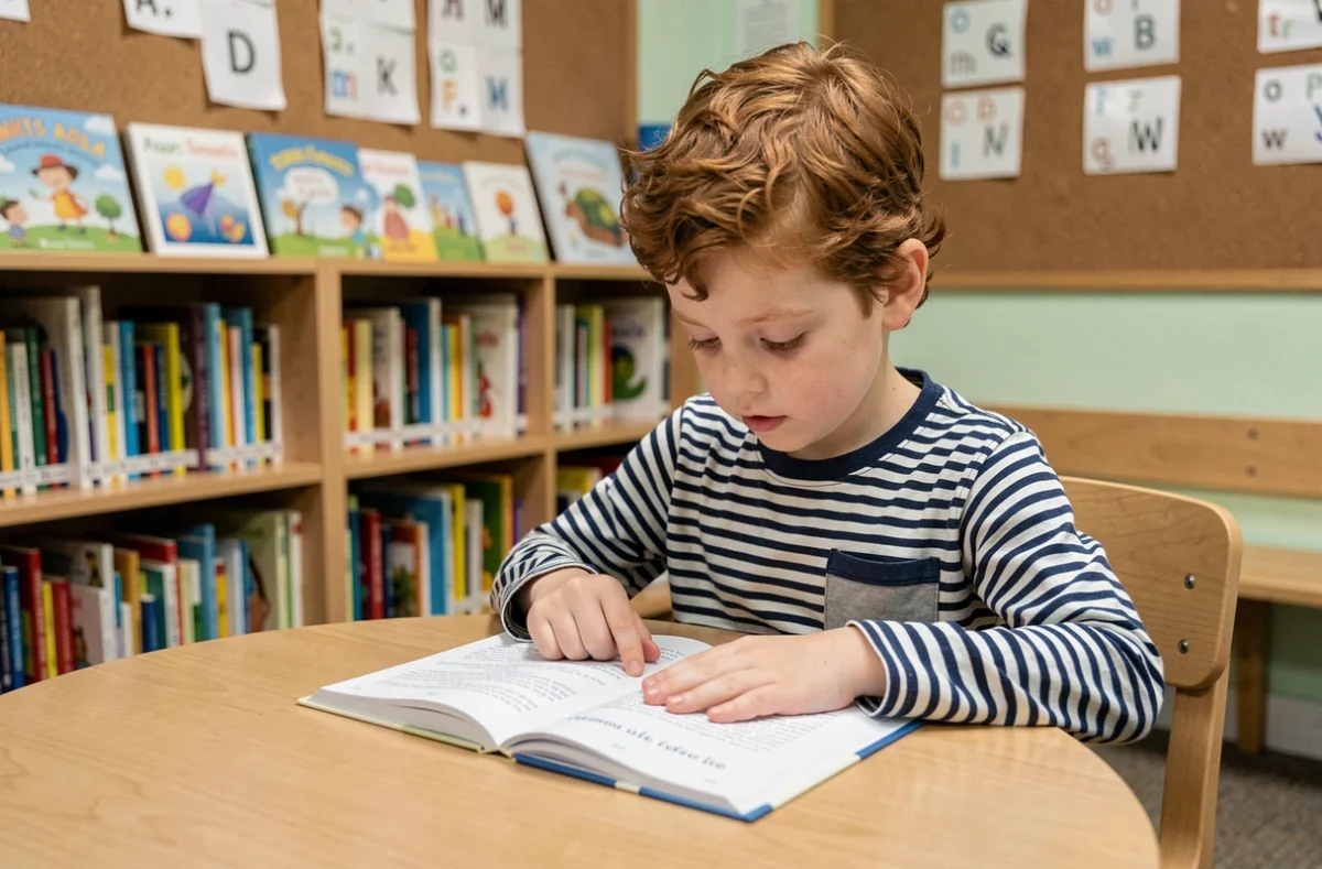 Garçon de CE1 lisant seul un texte simple dans une bibliothèque scolaire avec des étagères de livres en arrière-plan