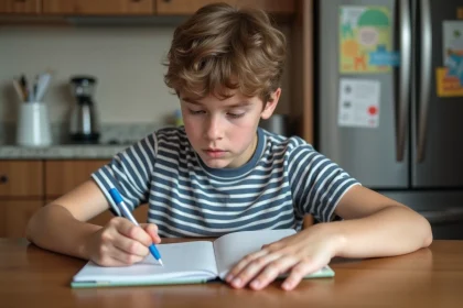 Gar&ccedil;on de 10 ans &eacute;crit dans un cahier &agrave; la cuisine