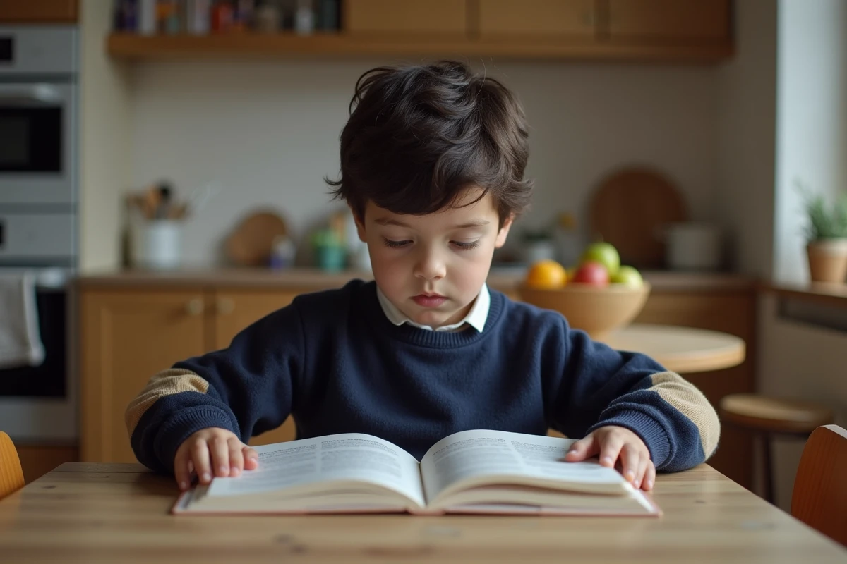 Gar&ccedil;on lisant un livret &agrave; la maison dans une ambiance conviviale