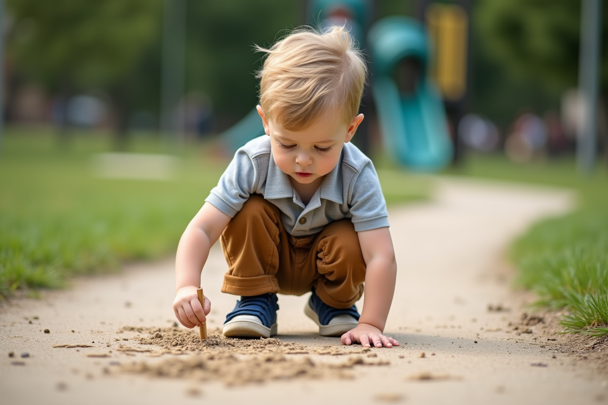 Jeune garçon trace des lettres dans le sable en plein air