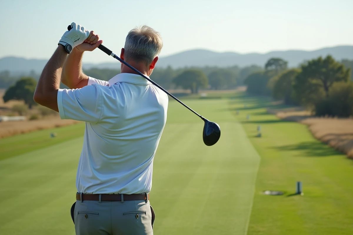 Golfeur en plein swing sur un terrain extérieur