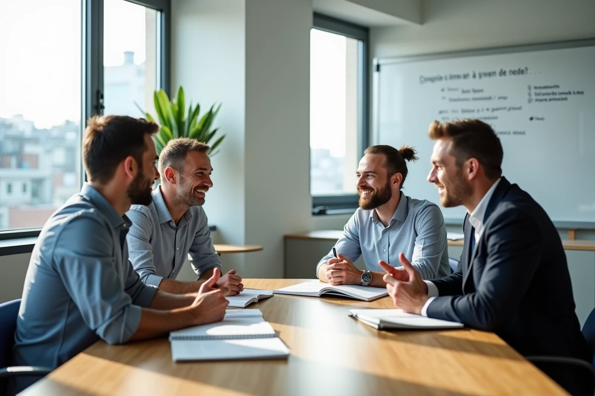 Groupe de trois adultes pratiquant une conversation en classe
