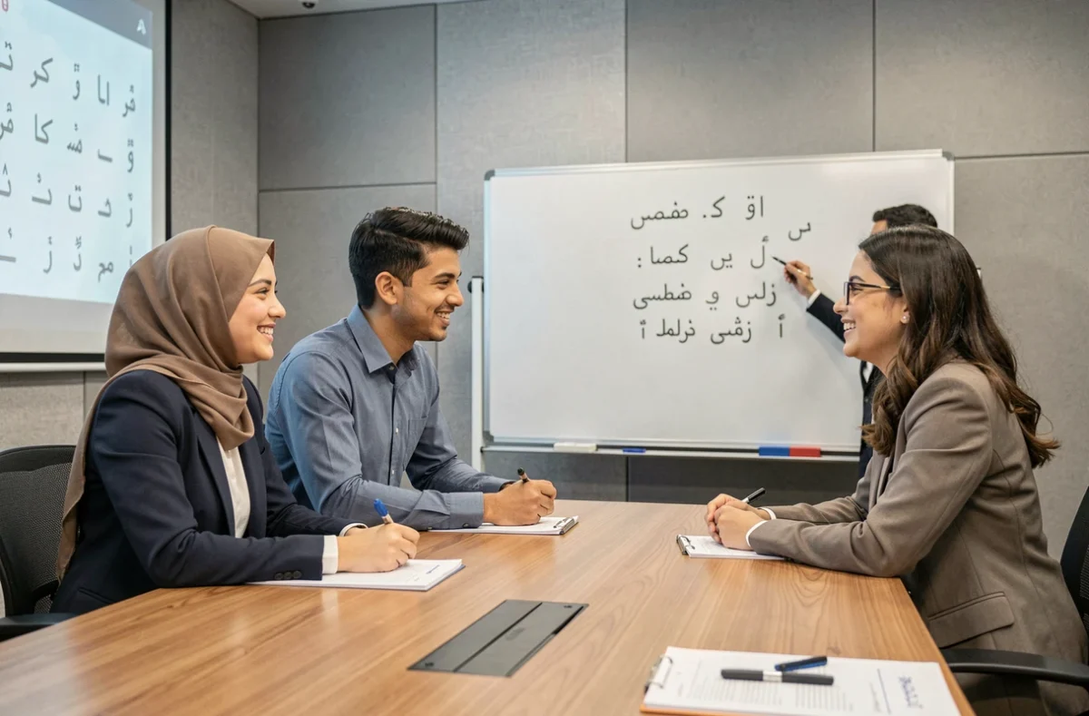 Groupe de jeunes professionnels participant à un atelier d'apprentissage de l'arabe en salle de formation, compétences linguistiques en entreprise