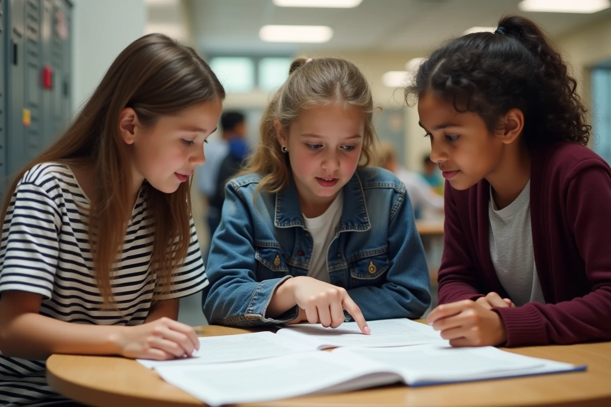 Groupe de collégiens travaillant ensemble sur leurs discours de délégué autour d'une table scolaire