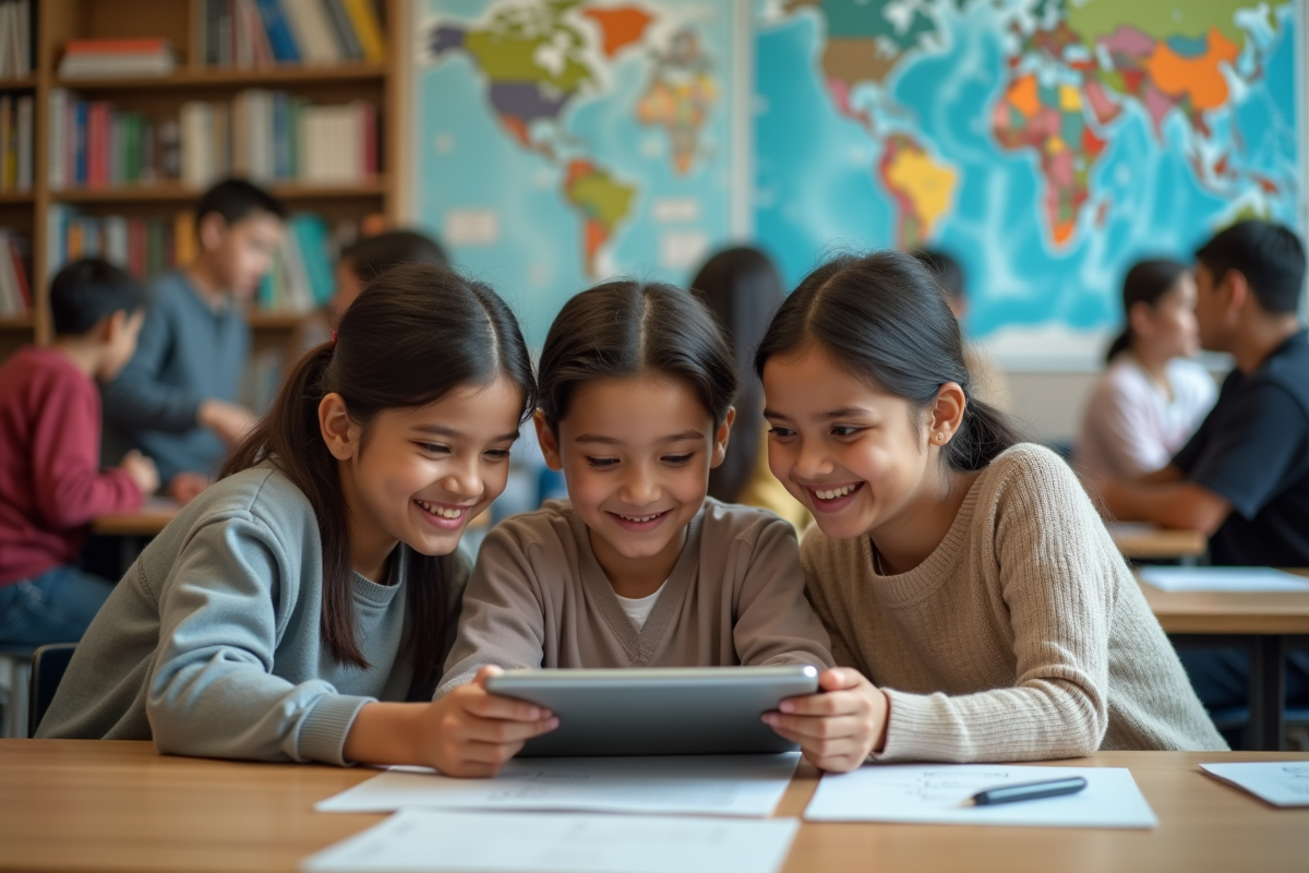 Groupe d élèves diversifiés travaillant ensemble avec une tablette