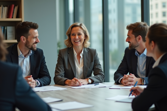 Groupe de professionnels en réunion dans un bureau moderne