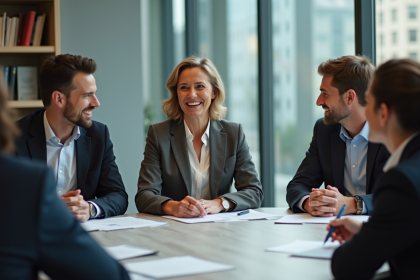 Groupe de professionnels en r&eacute;union dans un bureau moderne