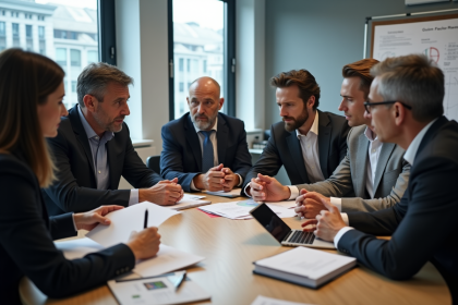 Professionnels en réunion avec tension et débat