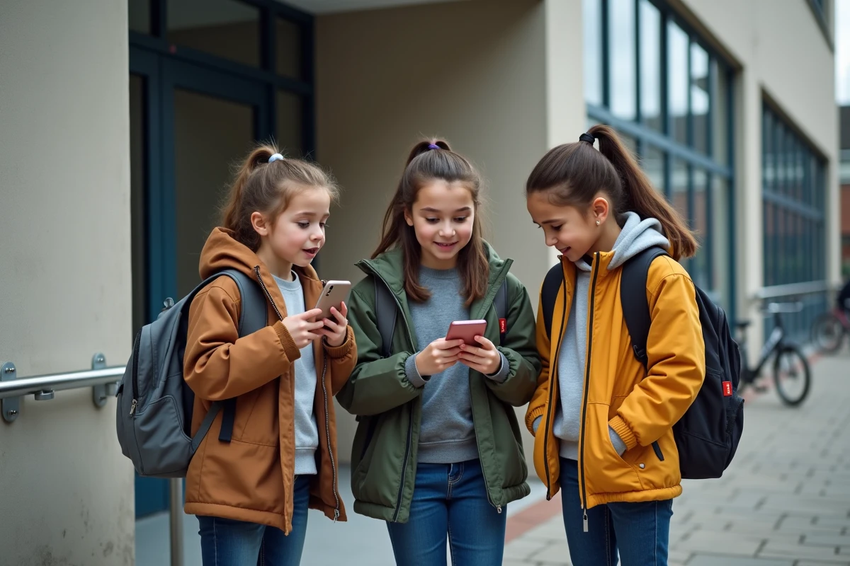 Trois &eacute;l&egrave;ves regardant un smartphone devant une &eacute;cole