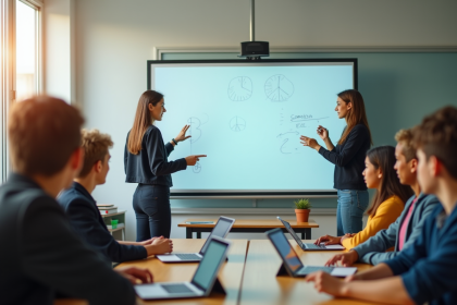 Groupe d'élèves et professeur utilisant tableau interactif dans une classe lumineuse