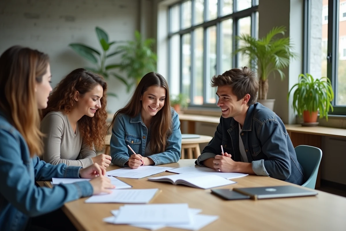 Groupe d'étudiants organisant leur emploi du temps universitaire dans une salle commune moderne