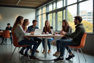 Jeunes adultes discutant autour d'une table à l'IUT Nîmes