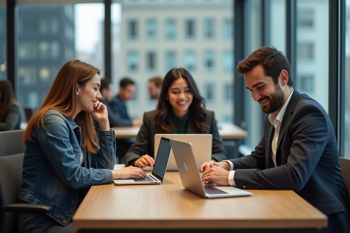 Groupe de jeunes adultes en formation dans un espace de coworking moderne, illustrant l'apprentissage collaboratif pour accéder à des métiers bien rémunérés sans diplôme