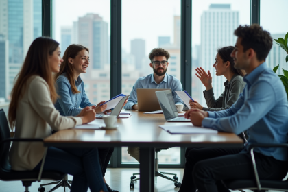 Jeunes adultes en r&eacute;union de travail dans un bureau moderne