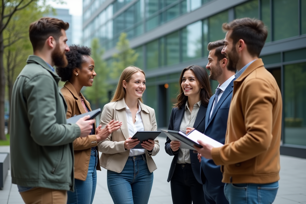 Groupe de jeunes professionnels discutant dehors