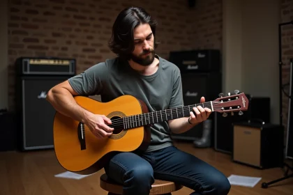 Guitariste jouant la chanson Hallelujah de Jeff Buckley à la guitare acoustique dans une salle de répétition en brique