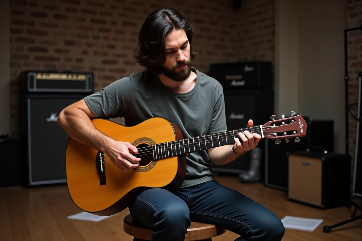 Guitariste jouant la chanson Hallelujah de Jeff Buckley à la guitare acoustique dans une salle de répétition en brique