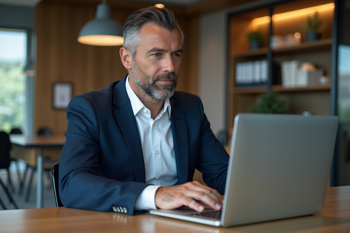 Homme d'affaires en costume navy utilisant un ordinateur