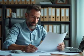 Homme d'âge moyen au bureau examinant des documents confidentiels