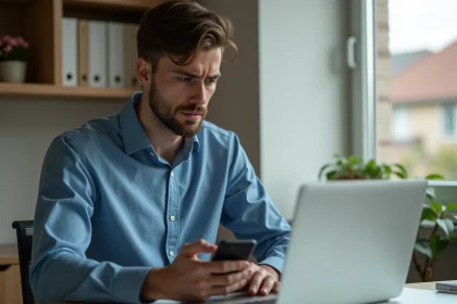 Jeune homme au bureau regardant son &eacute;cran d'ordinateur