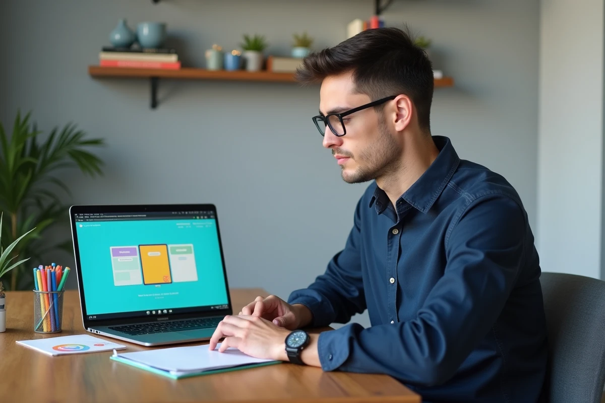 Homme utilisant Canva sur ordinateur portable pour concevoir un vision board de motivation