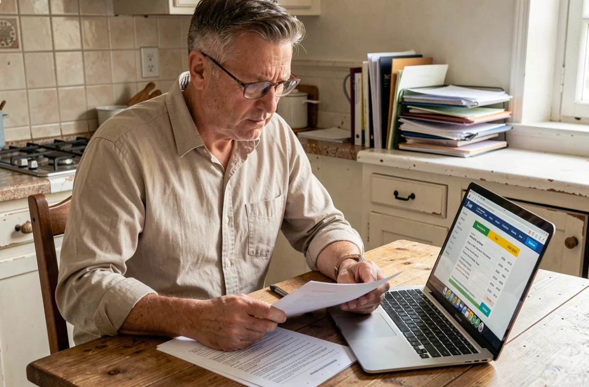 Homme consultant des devis de travaux sur papier et ordinateur portable pour comparer les prix d'une école de travaux