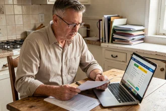 Homme consultant des devis de travaux sur papier et ordinateur portable pour comparer les prix d'une école de travaux