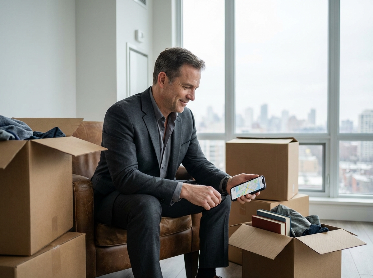 Homme en costume dans un appartement avec cartons