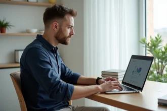 Homme de 30 ans suivant une formation en ligne sur son ordinateur portable dans un bureau à domicile moderne, illustrant la reconversion professionnelle sans diplôme