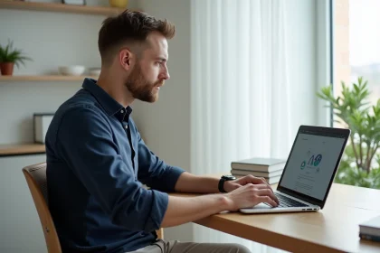 Homme de 30 ans suivant une formation en ligne sur son ordinateur portable dans un bureau à domicile moderne, illustrant la reconversion professionnelle sans diplôme