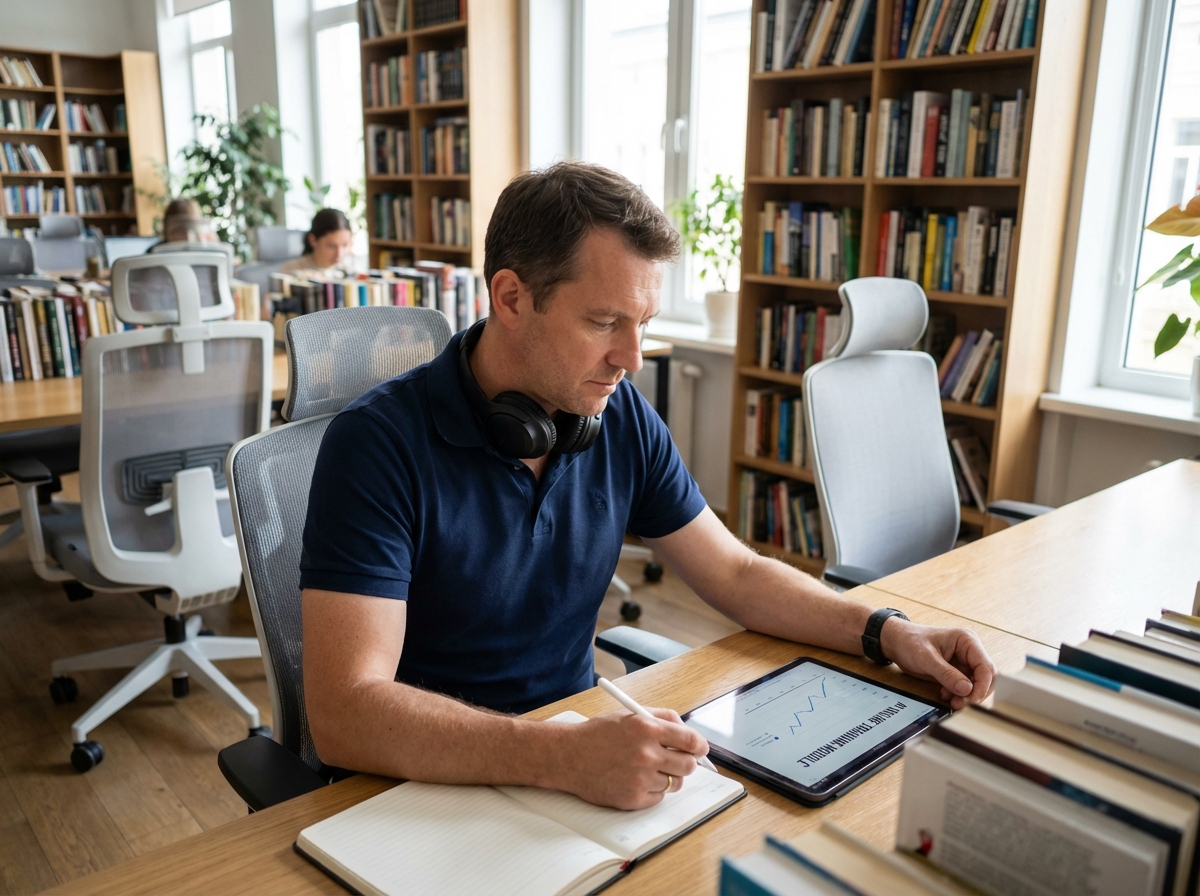 Homme en formation en ligne dans un espace de coworking