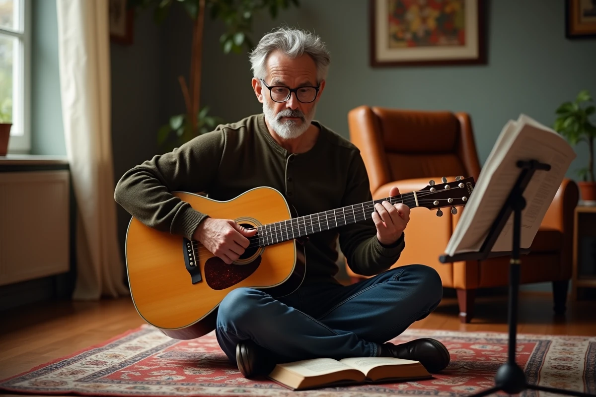 Homme adulte jouant les accords de Hallelujah à la guitare acoustique dans un salon chaleureux avec partition sur pupitre