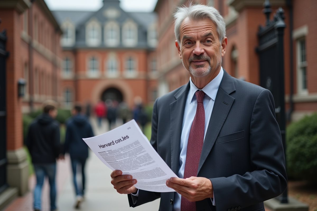 Homme d affaires montre un document sur les couts annuels de Harvard