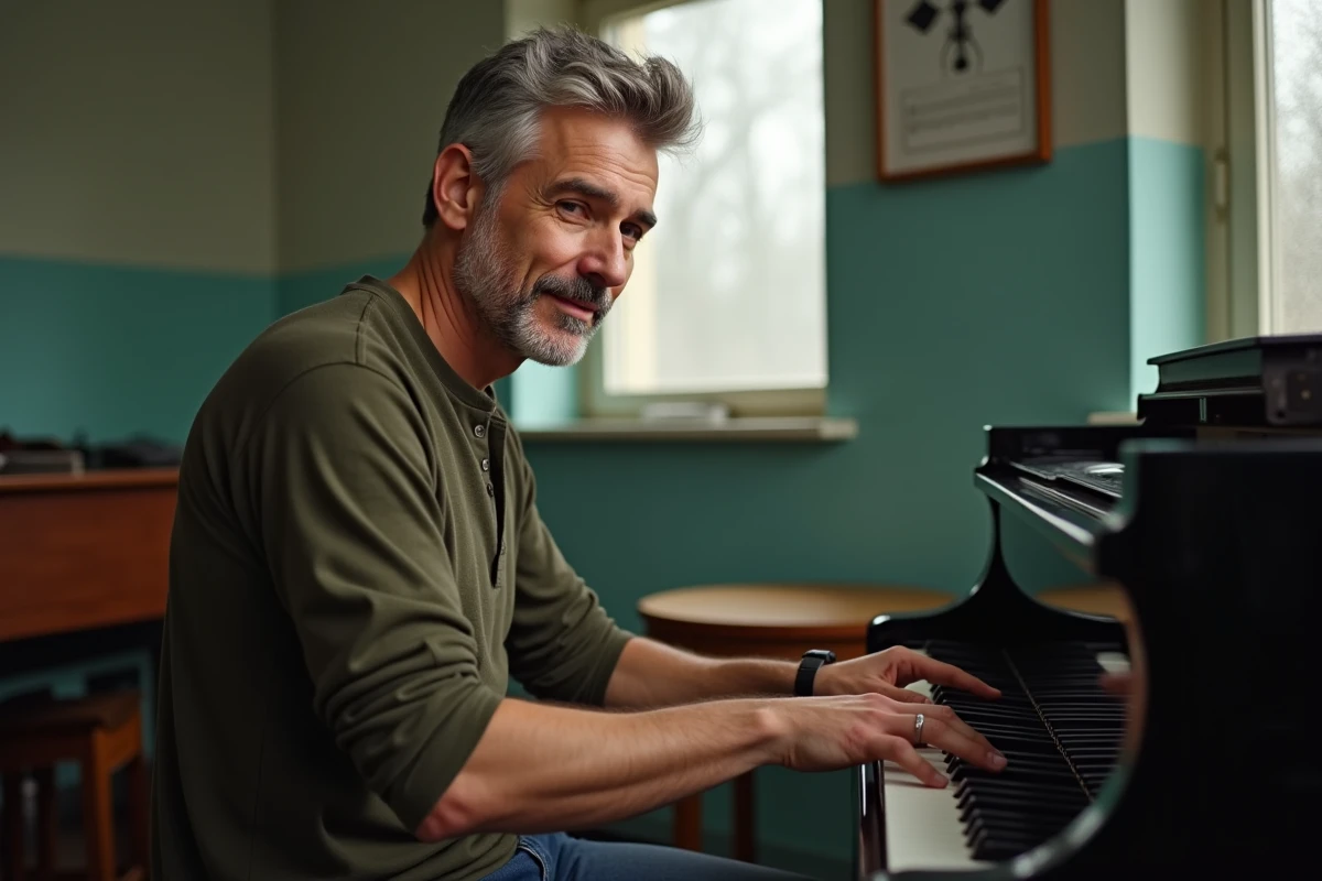 Homme adulte en improvisation sur un piano à queue dans une salle de répétition d'école de musique